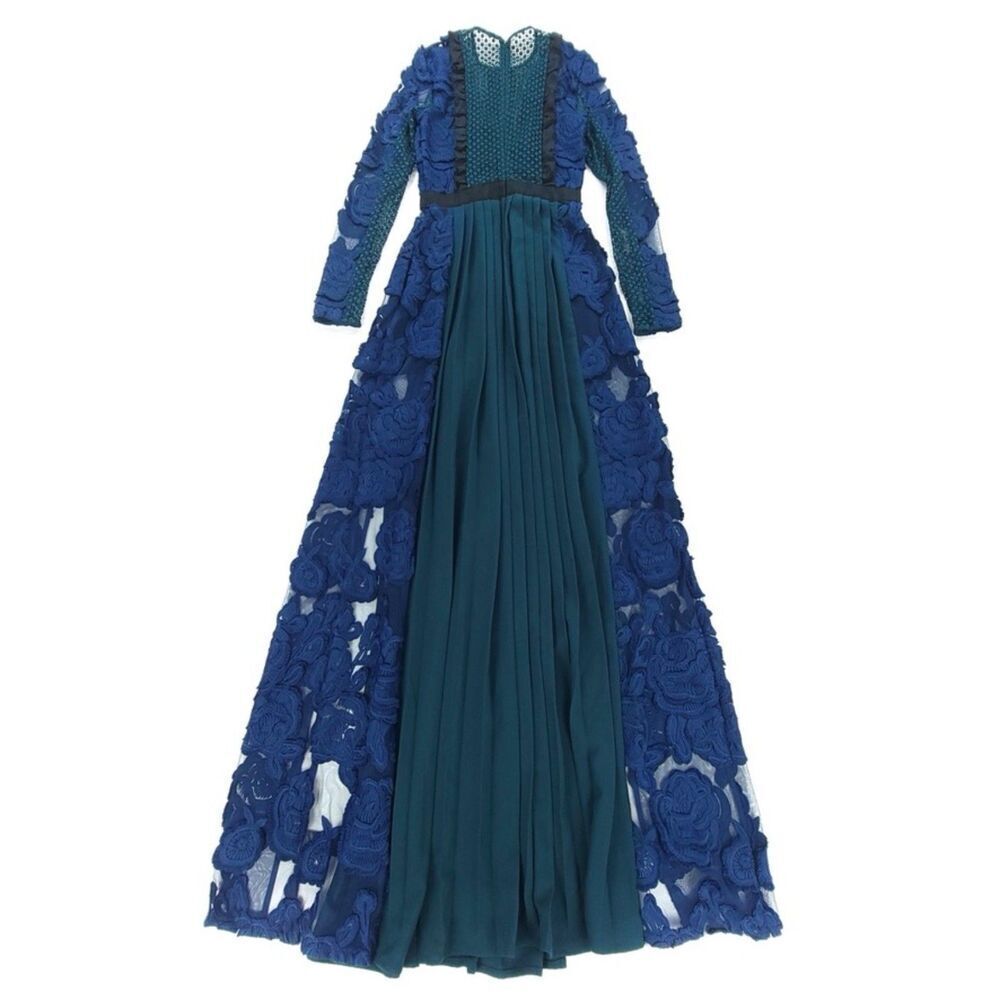 NEW Self Portrait Thea Sheer Lace Applique Pleated Maxi Dress Navy Emerald Gown - Picture 8 of 11